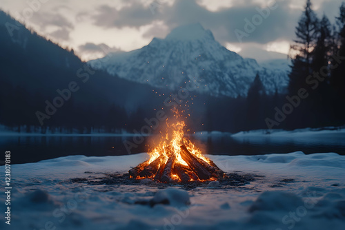 Realistic Image - Winter Bonfire by Snowy Lake at Dusk with Mountain View