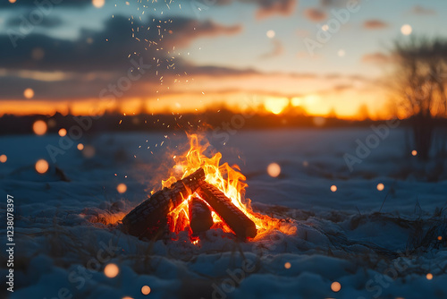 Photo - Winter Campfire Sunset Warmth Cozy Snow Flames Embers Twilight