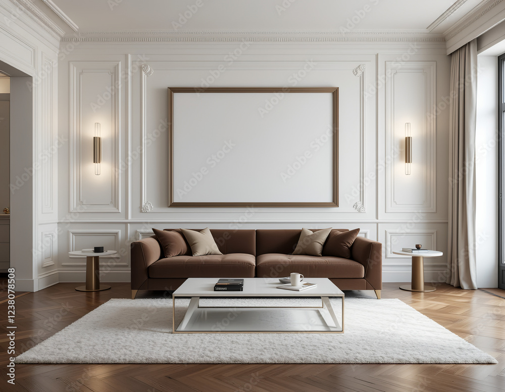 Fototapeta premium frame mockup, living room wall poster mockup, interior mockup with house background, interior design, 3D render
