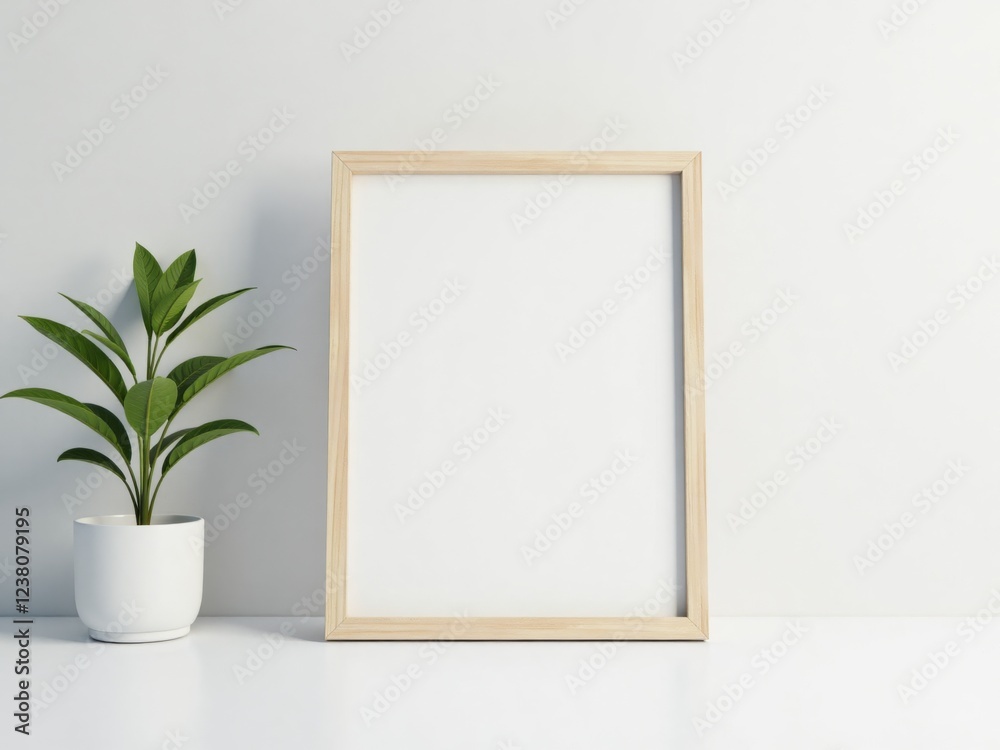 Blank frame mockup on a white table with a plant. Minimalist, template, interior, design concept. Blank frame mockup on a white table with a plant. Minimalist, template, interior, design concept.