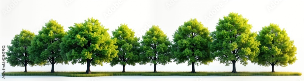 Fototapeta premium Green trees stand in row against white background. Rich foliage shows fresh summer growth. Natural beauty of trees isolated for design projects. Ideal for nature wallpaper landscape design. Vivid