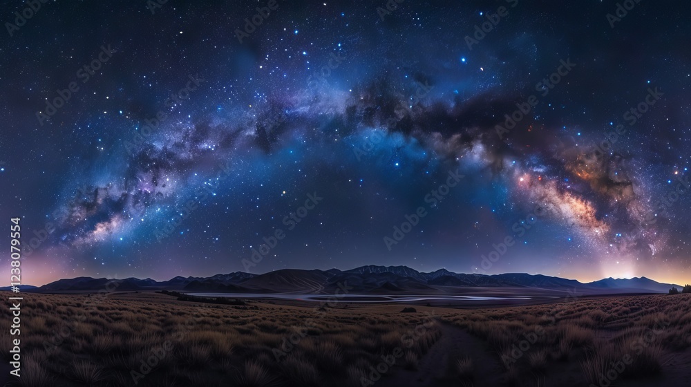 Fototapeta premium Stunning long exposure photograph of the Milky Way galaxy illuminating a clear night sky with vibrant stars and cosmic dust, showcasing the beauty of the universe in a serene and awe-inspiring scene