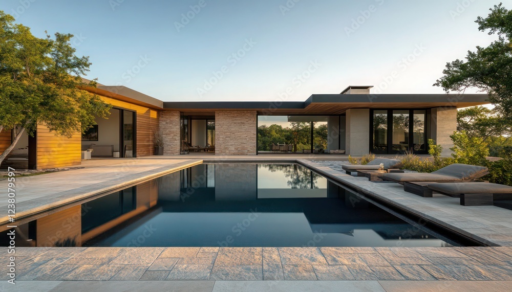 Fototapeta premium Spacious modern minimalist villa with a stone pool wooden accents and sleek exterior under soft sunlight