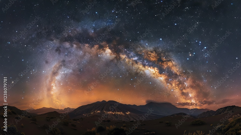 Naklejka premium Stunning long exposure photograph of the Milky Way galaxy illuminating a clear night sky with vibrant stars and cosmic dust, showcasing the beauty of the universe in a serene and awe-inspiring scene