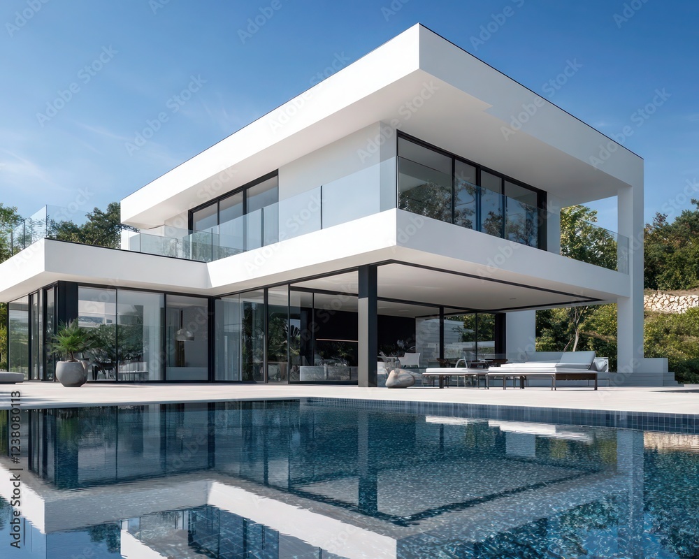 Fototapeta premium Stunning modern cubic villa with infinity pool large glass terrace and sleek white exterior