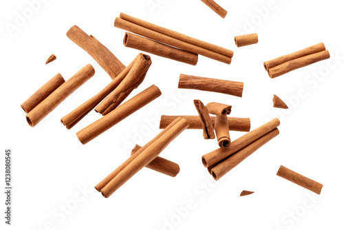 Falling cinnamon sticks on transparent background