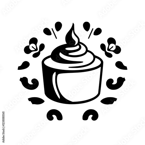 A delectable cupcake, adorned with swirls of whipped cream, sits at the center, encircled by delicate floral flourishes. This image is perfect for bakeries, cafes, and dessert-themed projects.