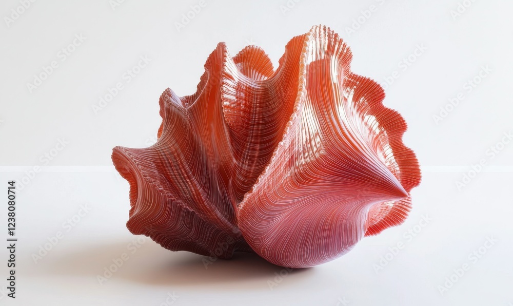 Elegant red seashell with intricate ridges placed on a pristine white background, highlighting its unique marine beauty. Elegant red seashell with intricate ridges placed on a pristine white background, highlighting its unique marine beauty.