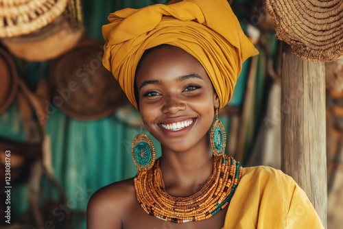 A woman wearing a yellow head scarf and a necklace with beads on it is smiling photo