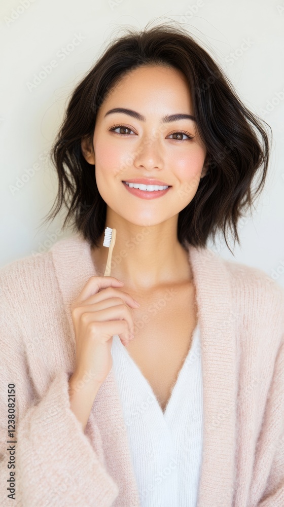 Minimalist Oral Care Rituals Japanese Woman in Soft Textured Pastel Cardigan Brushing Teeth - Modern Wellness Aesthetic and Elegant Bathroom Lifestyle Content Minimalist Oral Care Rituals Japanese Woman in Soft Textured Pastel Cardigan Brushing Teeth - Modern Wellness Aesthetic and Elegant Bathroom Lifestyle Content