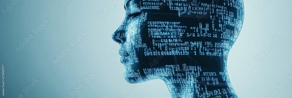 Profile Of Abstract Human Head Formed By Circuit Boards And Binary Code On Blue Background Profile Of Abstract Human Head Formed By Circuit Boards And Binary Code On Blue Background