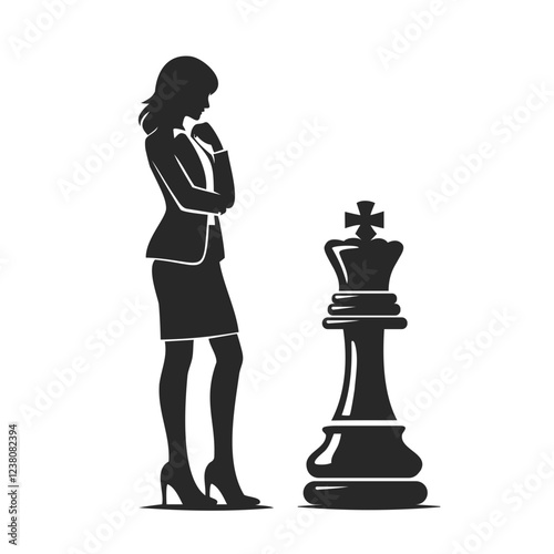 Silhouette of a woman in business attire contemplating a large chess piece, symbolizing strategy and decision-making.
