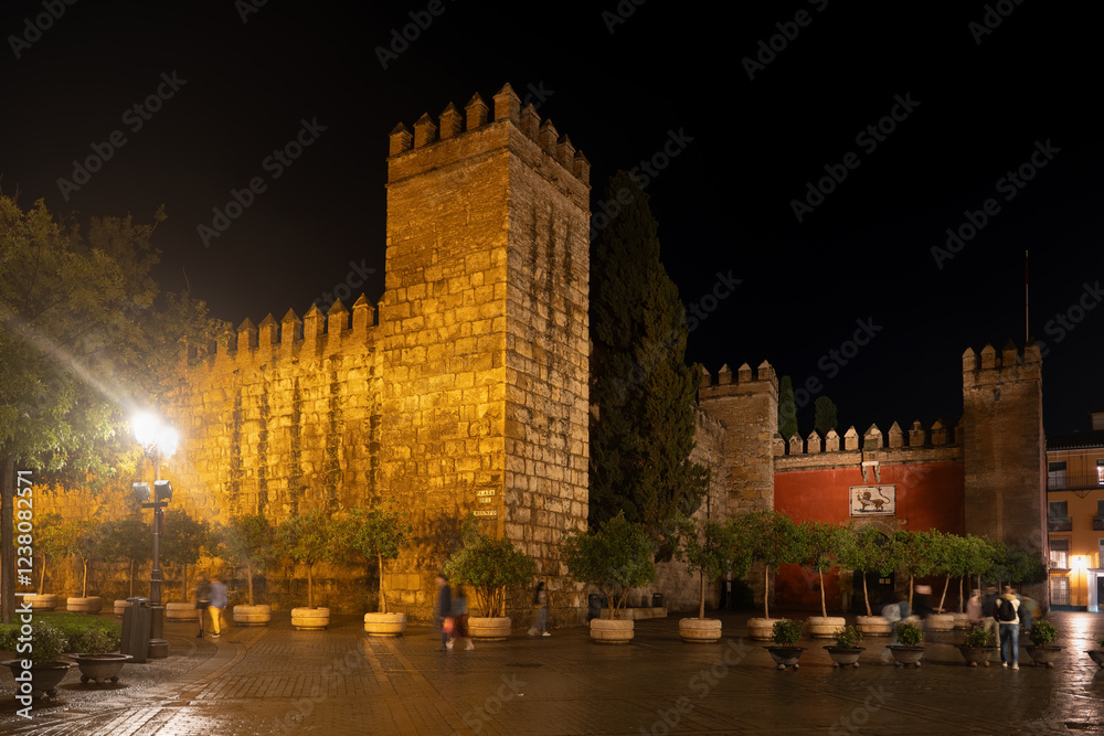 Obraz premium Royal Alcazar Walls At Night In Seville