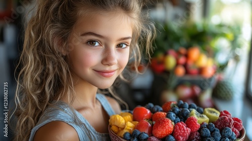 Young girl smiles sweetly while showcasing a bowl overflowing with fresh fruits