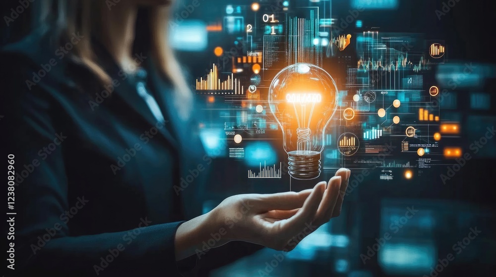 Strategy business planning ideas for investment and financial. glowing light bulb with futuristic graphic icon in hand. Strategy business planning ideas for investment and financial. glowing light bulb with futuristic graphic icon in hand.