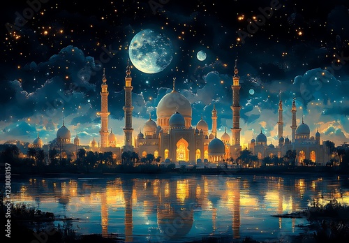 Moonlit Silhouette of Mosque with Spires Reflecting in Water Under Starry Sky

