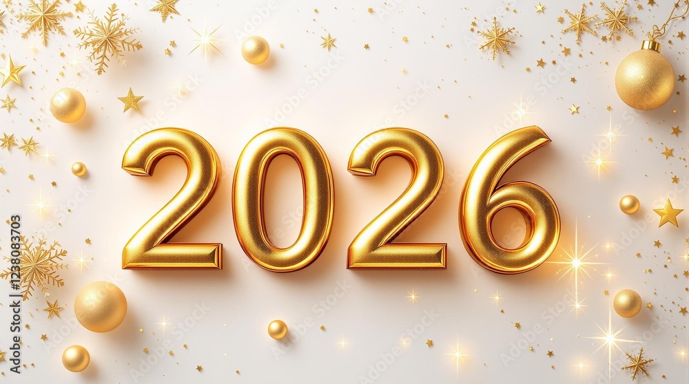 2026 New Year design with golden 3D number. decoration, and festive ornaments on a white background 2026 New Year design with golden 3D number. decoration, and festive ornaments on a white background
