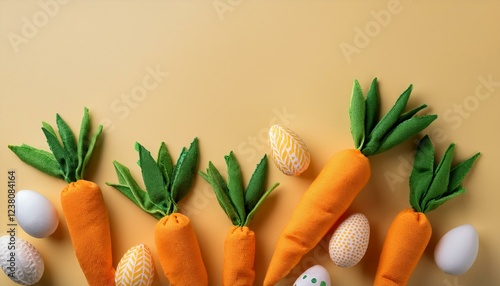 Easter concept. Top view of textile homemade carrots with Easter eggs on pale yellow background with copy space. Generated image
