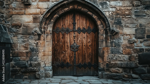 Square castle doorway, cartoon vector medieval gate with wooden doors and stone doorjambs. Fortress arch portal, fairytale dungeon or palace arched entry. Isolated temple exterior with riveted forgery