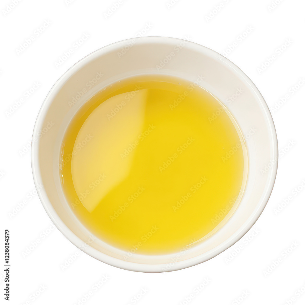 Bright yellow liquid in a white bowl, smooth texture and vivid color, ideal for food presentations or culinary themes. Isolated on white background or PNG