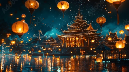 Glowing paper lanterns float across the serene waters surrounding a magnificent Buddhist temple