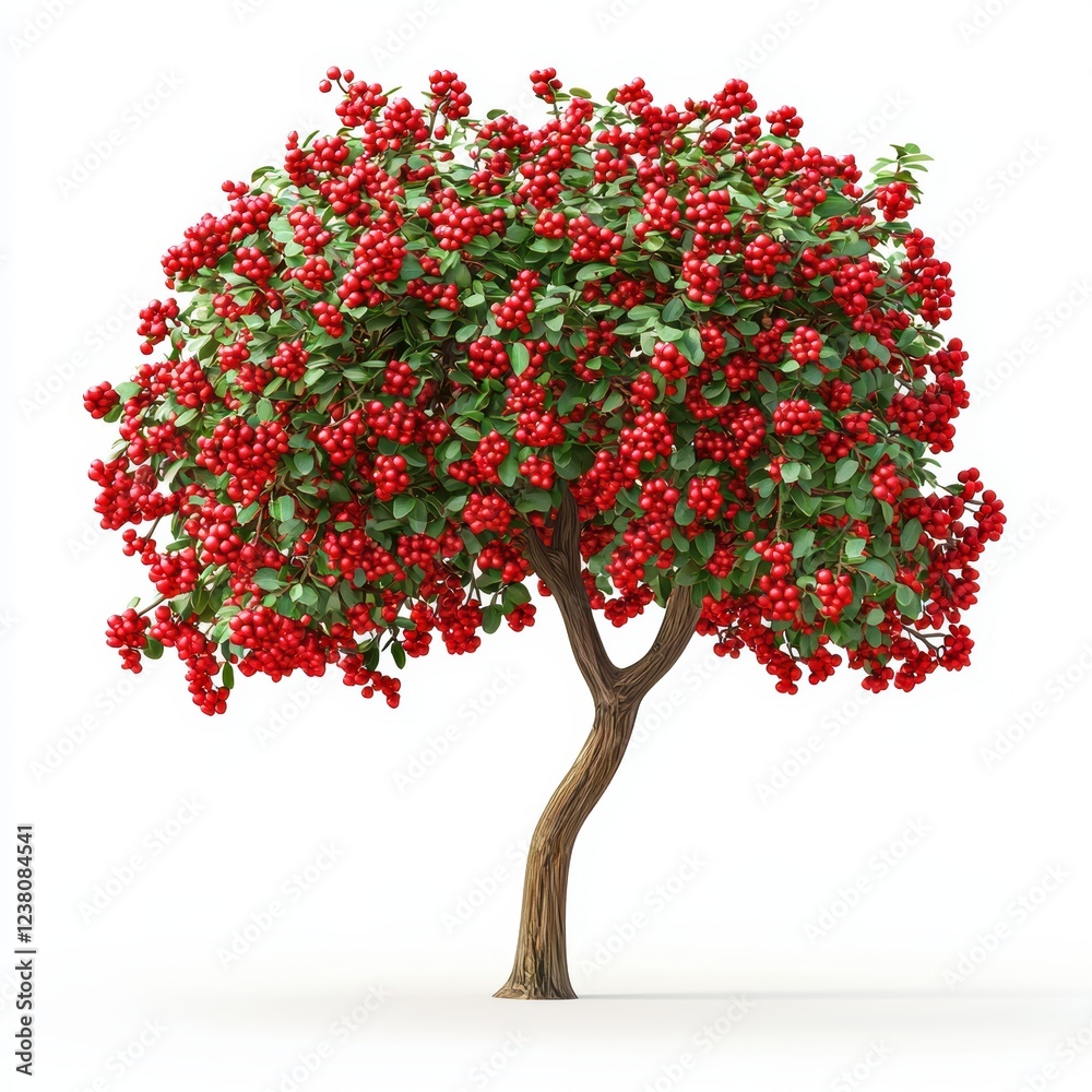Fototapeta premium Rowan tree with clusters of red berries, placed on a bright white background
