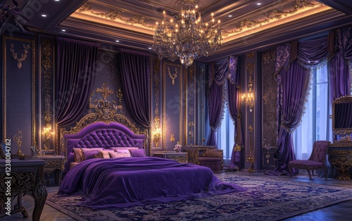 Royal Purple Bed in a luxurious high-ceiling bedroom with antique chandeliers and intricate patterns, creating a regal and elegant feel photo