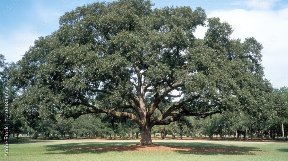 Obraz premium Bright summer day showcases a large oak tree casting shadows in a green field, with birch trees in the foreground under a clear blue sky