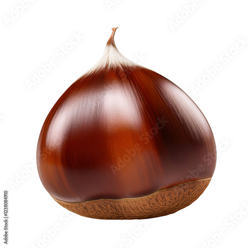 Chestnut Nut:  A single, perfectly-shaped chestnut nut with a smooth, glossy brown shell, showcasing the natural beauty of this autumnal treasure. The light catches the ridges and curves of the nut.