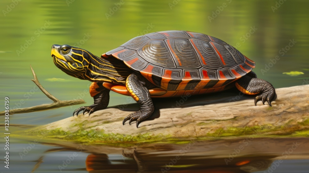 Young Eastern Painted Turtle in Nature. Small Painted Turtle Hatchling with Red Accents in Wildlife Setting Young Eastern Painted Turtle in Nature. Small Painted Turtle Hatchling with Red Accents in Wildlife Setting