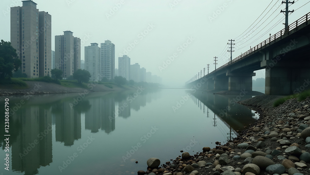Naklejka premium Contaminated Riverbank Cityscape