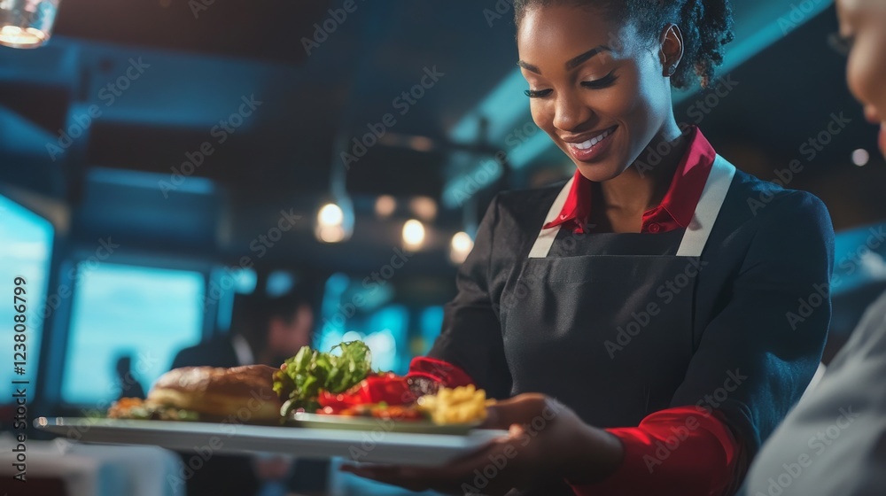 Experienced server presenting a delicious gourmet burger with fresh vegetables in an elegant restaurant setting, exuding professionalism and warmth Experienced server presenting a delicious gourmet burger with fresh vegetables in an elegant restaurant setting, exuding professionalism and warmth