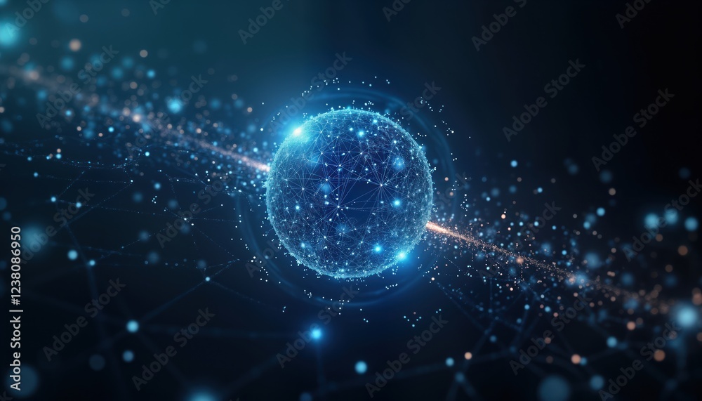 Abstract digital sphere network. Futuristic tech visualization of interconnectedness in space. Complex structure with glowing lines, points. Illuminated sphere shows global data communication virtual Abstract digital sphere network. Futuristic tech visualization of interconnectedness in space. Complex structure with glowing lines, points. Illuminated sphere shows global data communication virtual