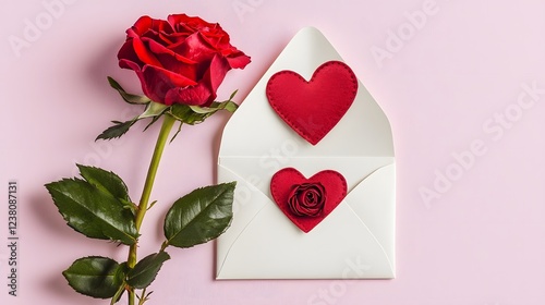 Romantic love letter envelope sealed with a vibrant red rose and a heart symbol on a soft light pink background  This image captures the essence of Valentine s Day expressing affection intimacy