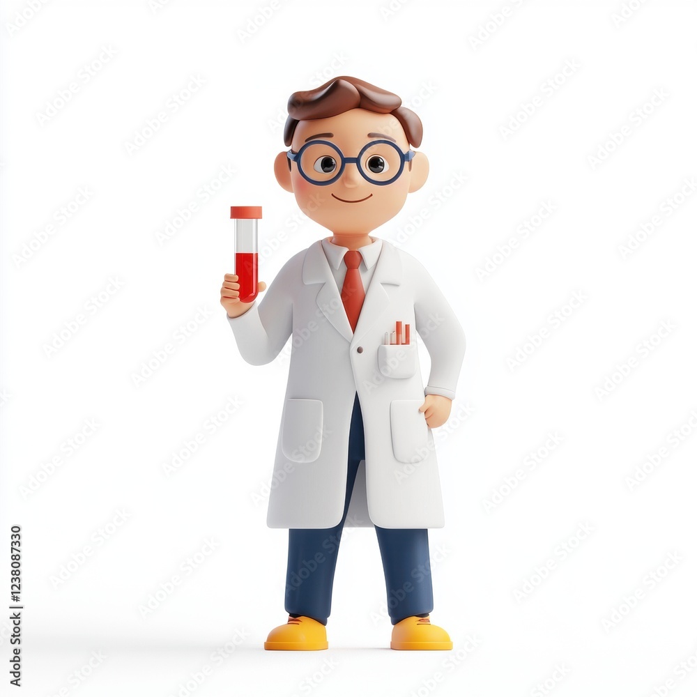 Scientist in a lab coat holding a test tube, placed on a bright white background Scientist in a lab coat holding a test tube, placed on a bright white background