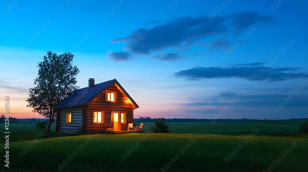 A small wooden log cabin in the countryside at dusk, with lighting inside and panoramic windows overlooking green fields and trees under the twilight sky A small wooden log cabin in the countryside at dusk, with lighting inside and panoramic windows overlooking green fields and trees under the twilight sky