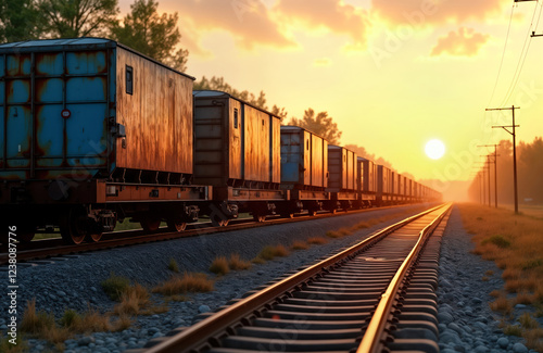 Rusty cargo train moves on railway at sunset. Heavy freight wagons transport industrial goods. Sunrise sunset light illuminates train on rail tracks. Old style transport concept. Railway tracks go