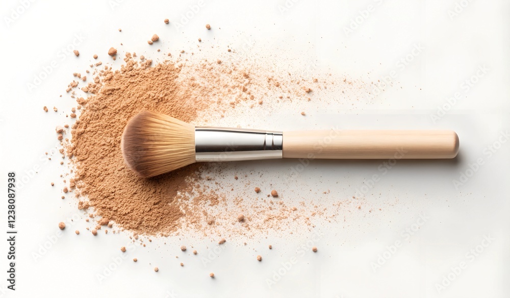 Close-up of a soft makeup brush resting on scattered Mocha Mousse powder, 2025 Color of the Year trend. Minimalist beauty concept on a clean background. Close-up of a soft makeup brush resting on scattered Mocha Mousse powder, 2025 Color of the Year trend. Minimalist beauty concept on a clean background.
