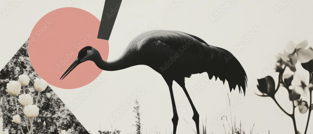 Fototapeta premium Minimalist collage featuring a crane in a marsh with floral accents