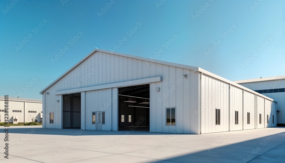Modern white industrial warehouse tent stands on concrete. Spacious open area. Large sliding doors. Warehouse building with clear sky background. Empty modern construction. Commercial property. Modern white industrial warehouse tent stands on concrete. Spacious open area. Large sliding doors. Warehouse building with clear sky background. Empty modern construction. Commercial property.