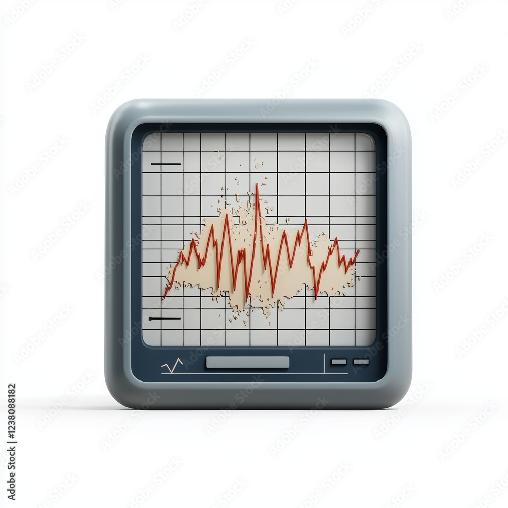 Seismograph showing strong earthquake activity on a screen, centered on a clean white background Seismograph showing strong earthquake activity on a screen, centered on a clean white background