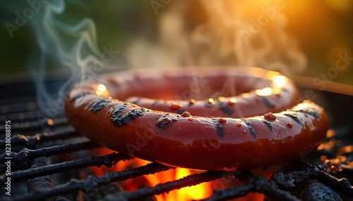 Delicious boerewors sausage sizzles on traditional South African braai. Glowing coals and smoke fill air. Sunlight highlights flavorful food. Outdoor summer cookout. Culinary tradition. Hot and tasty. photo