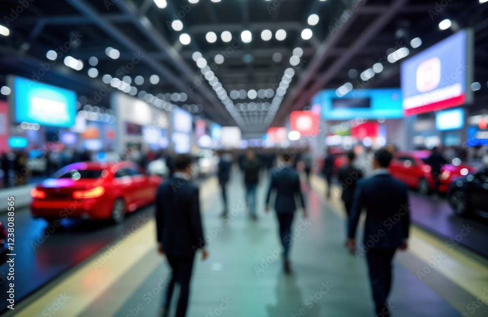 Blurred view of international motor show hall. Many people walk amongst cars on display. Attendees explore auto exhibition. Modern cars stand in exhibition hall. Businesspeople, visitors in hall. Blurred view of international motor show hall. Many people walk amongst cars on display. Attendees explore auto exhibition. Modern cars stand in exhibition hall. Businesspeople, visitors in hall.
