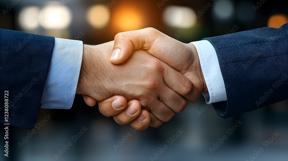 Two suited executives shaking hands in an office setting with a blurred cityscape visible through large windows representing a successful investment agreement or partnership Two suited executives shaking hands in an office setting with a blurred cityscape visible through large windows representing a successful investment agreement or partnership