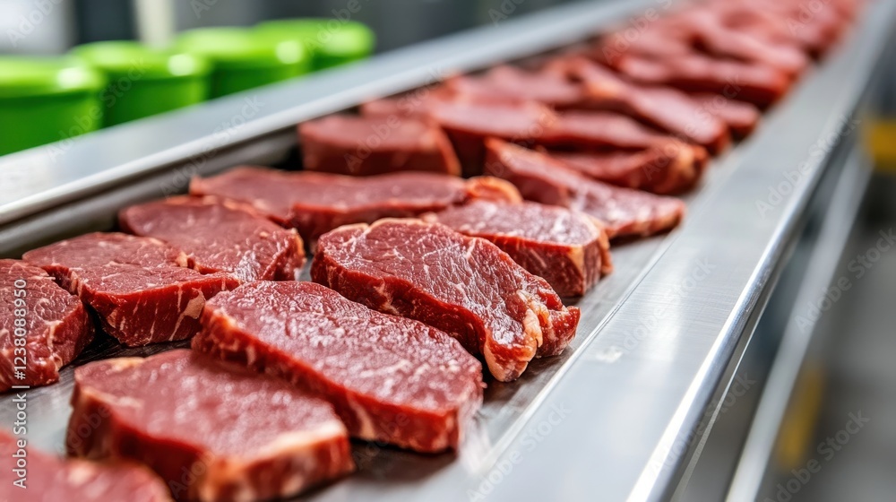 Fototapeta premium Fresh cut beef steaks on a conveyor, prepared for packaging in food factory.