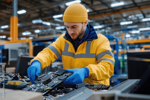 Technician in yellow jacket disassembles circuit boards, at an electronics recycling center.