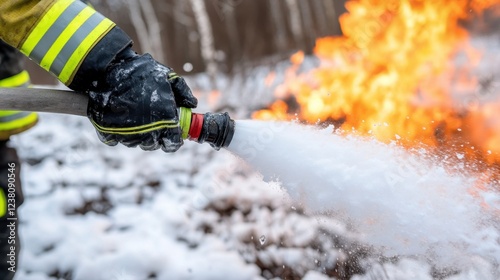 Firefighter sprays extinguishing foam on fire, winter forest fire extinguishing operation.