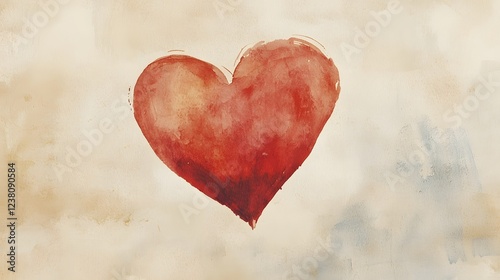 Watercolor heart in warm shades of red and burgundy against a soft textured beige background creating a calm and romantic atmosphere