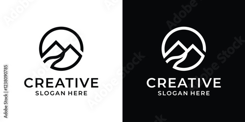 Simple Mountain line inside circle Logo Design Template