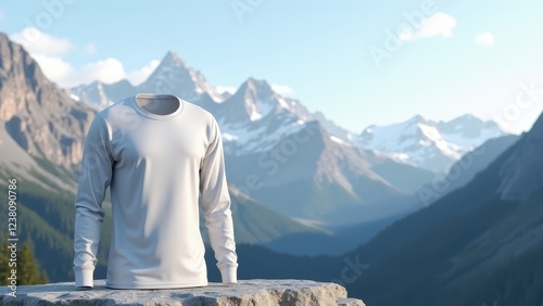 Long Sleeve T-Shirt Mockup, T-shirt on a rock mountain range background photorealistic.